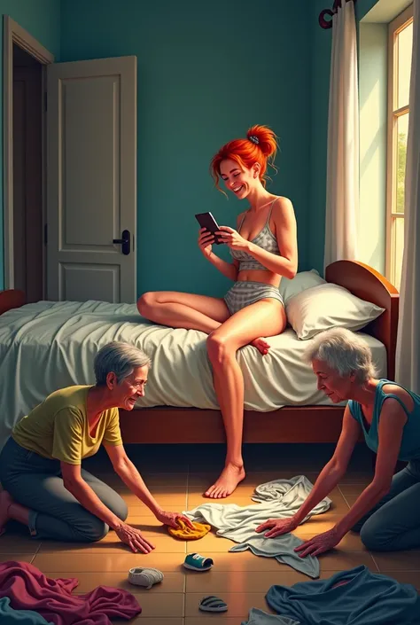 "A young woman of 20 years with red hair tied in a neat bun, wearing a modern swimsuit, is lying comfortably on her bed in a slightly messy room. She smiles widely, laughing joyfully while holding her cellphone with one hand, completely absorbed in what sh...