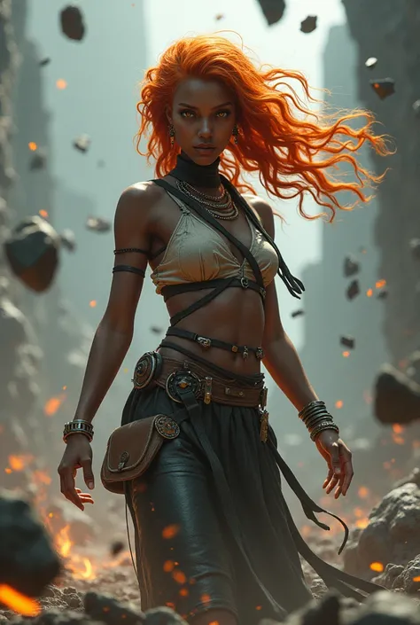 Dark skinned girl, orange eyes, ginger hair, demolished flying rocks, Bou