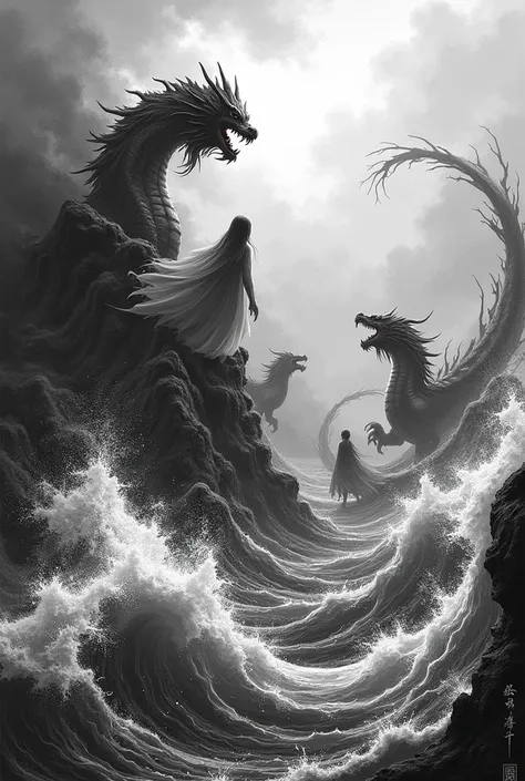  make a black and white WALLPAPER, AT SEA with MYTHOLOGICAL BEINGS,  and in the sky DRAGONS , and theyre STRUGGLING, Japanese style
