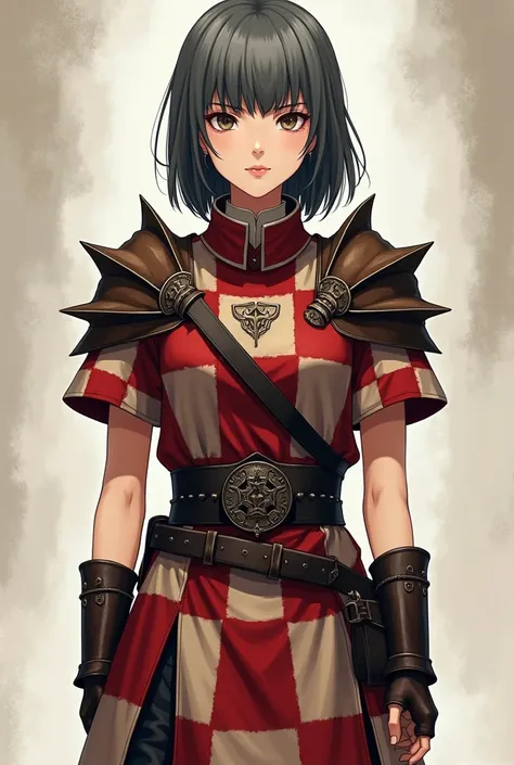 Describe the appearance of a militia girl with dark gray hair and a square hairstyle in light militia armor from the game Gothic 2. Her face looks quite simple, not perfect beauty and round eyes. She is wearing a tunic with large red and white knee-length ...