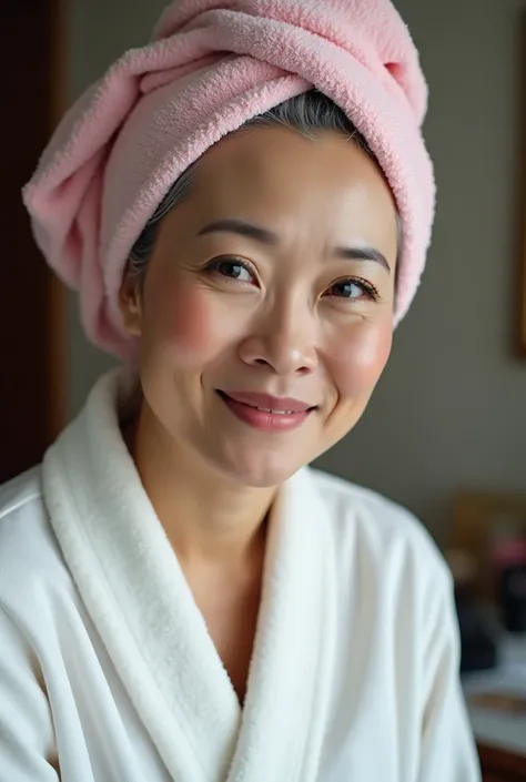 A sexy still very young looking 50 yearsold mature Filipino girl with a pink hair towel completely covering her head she is getting married wearing a bathrobe standing in a makeup room full body view High-k ey lighting Style, 1girl, sol o,gray hair, comple...