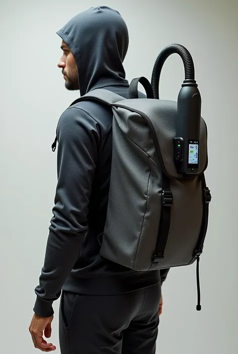 Fabric backpack connected to a hose shaped like a fire extinguisher with a GPS screen and a handle with buttons 