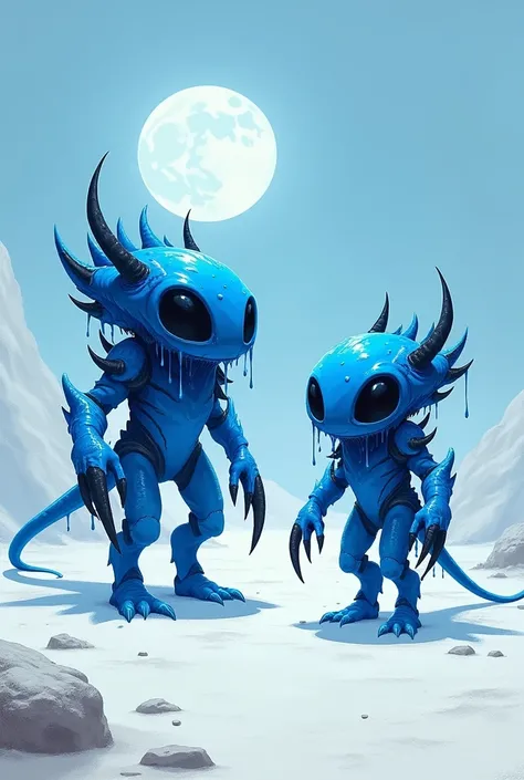 I would like two creatures in royal blue color. They are small, covered by armor that drips a fluorescent blue liquid. They have empty black eyes, long teeth, and long tails. Their arms are bent like XLR8s, making them fast, with black details..The setting...