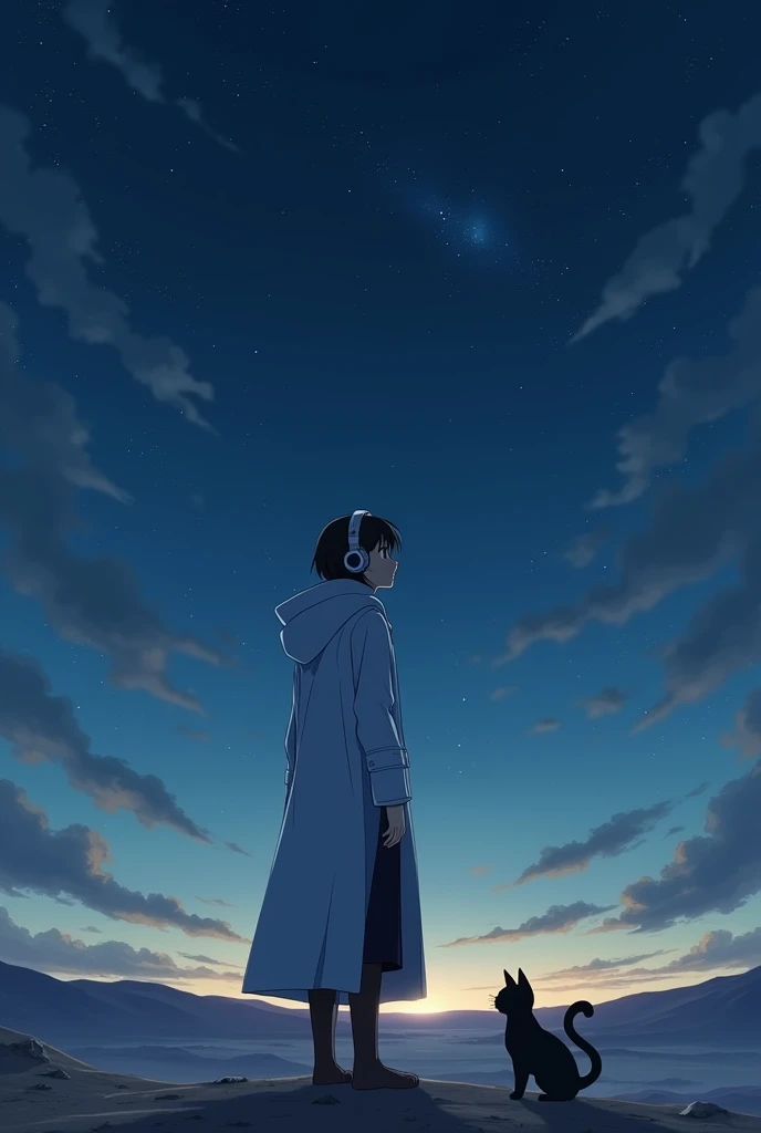 csq8utde878c73bcino0***Precise anime for ,  wearing a white coat ,  wearing headband headphones, praise, Quiet, Quiet雰囲気, cold,  looking up at the desert sky ,   knight , Quiet夜, cat, masterpiece,  best quality