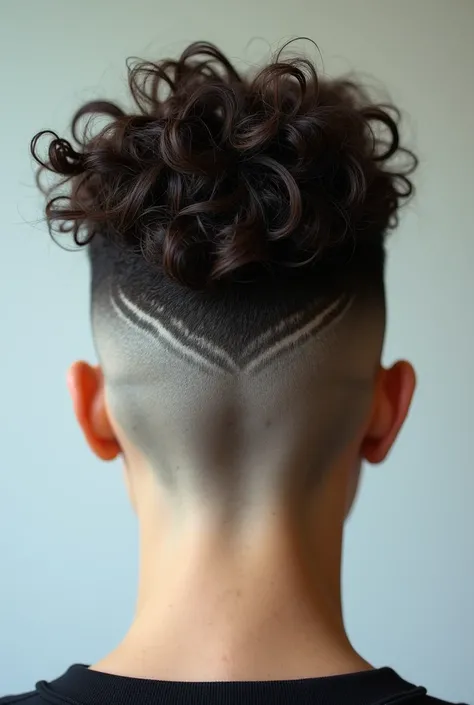  One  russian woman  with buzzed curly  undercut hair with high total graduation shaved occiput,  back view, zoom on nape 