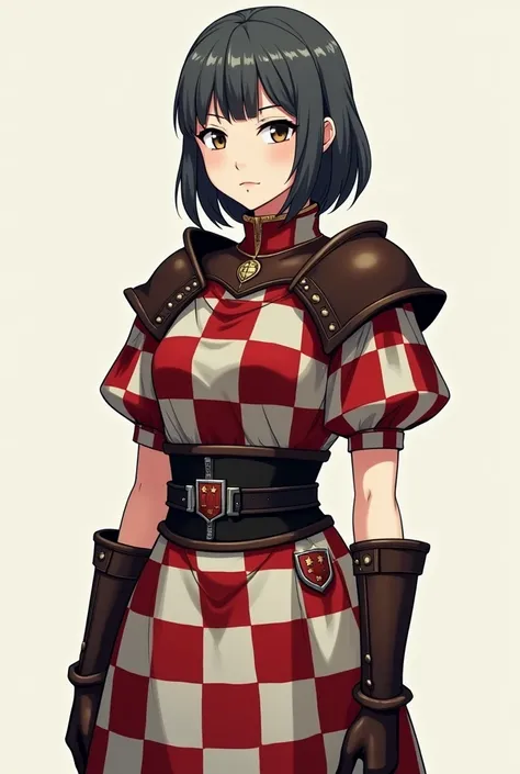 Describe the appearance of a militia girl with dark gray hair and a square hairstyle in light militia armor from the game Gothic 2. Her face looks quite simple, not perfect beauty and round eyes. She is wearing a tunic with large red and white knee-length ...