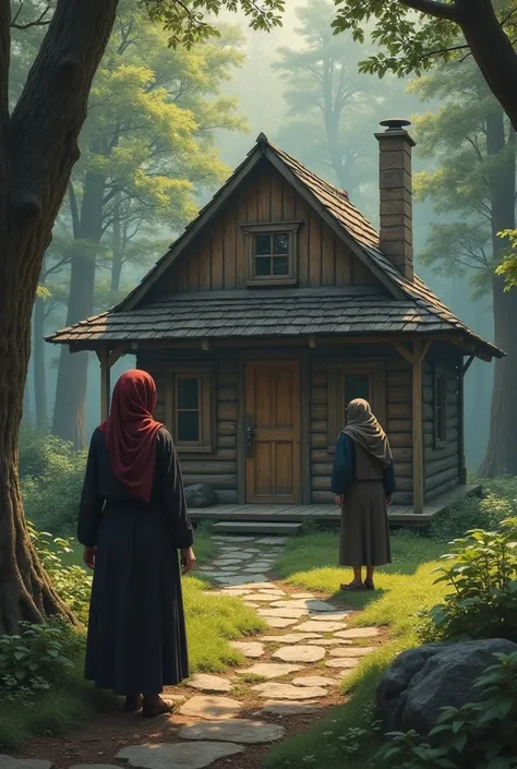  A wooden house in the woods . 2 ren figure ,  a hijab-wearing closed woman who brought them water.  a male figure with a description of this ,  and give it to me 
Yes, add a father and a brother to that 