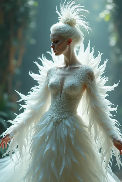 An albino woman sensually dressed as a white peacock