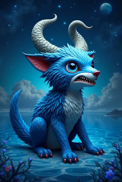 Alebrije,  wolf paws , cat,  shark body,  owl ears , Horns, cara tiburon, Mar, constellation, stars, twilight,  blue fur ,  blue eyes , acuatico