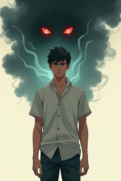 Make a man
Age :  around 22 years
Height : 1, 75
Dark brown eyes
Black hair ,  social style
Brown skin
Lightweight clothing ,  with a curse behind him with eyes and mouth floating in smoke that gathered in his arms
Manga style/anime