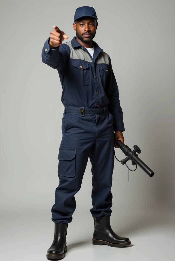 A black worker, a plumber, in uniform, with a pipe in his hand, pointing at the camera, with black boots