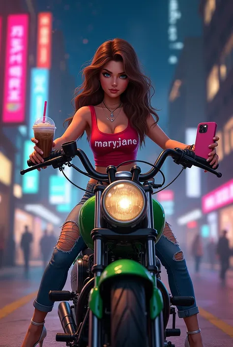 The image shows a young girl sitting on a green motorcycle on a busy street at night. She is wearing a Red tank top with the word "MaryJane" written on it, ripped jeans, and white high heels. She has long  wavy brown hair and is holding a pink phone in her...