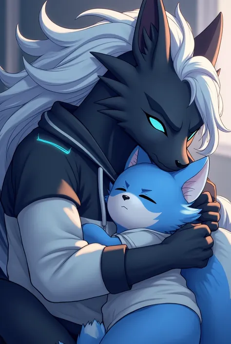 An image of 2 furries sleeping together .  A giant black dragon wolf with neon blue details with cyan eye with white hair wearing a white sweatshirt with black and neon blue details that is embracing a blue wolf with white details with a white shirt. anime...