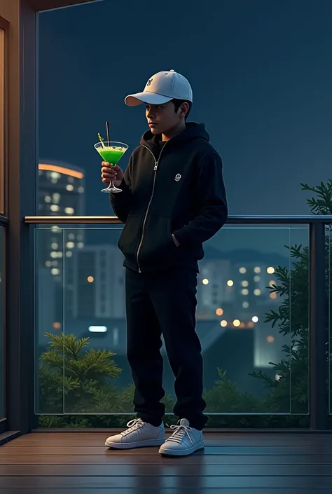  A person standing on a porch during the night ,  overlooking an urban area with modern buildings and vegetation in the background .  The individual wears a white cap without showing his face ,  a black jacket with a discreet logo on the chest , black pant...