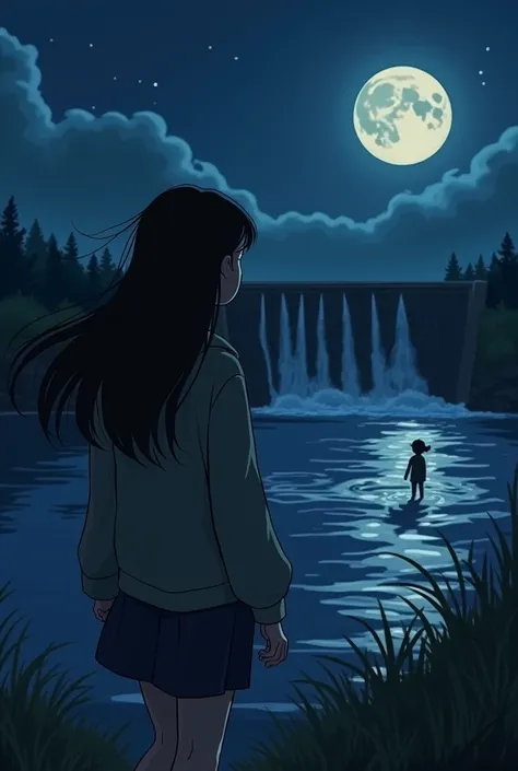 Arin, a serious young woman from the town , backwards,  walking near the dam at night ,  with his long, dark hair moving with the wind ,  watching a young tourist throwing something at a dam, in 2D style ,  making sure that the girls face is not visible an...