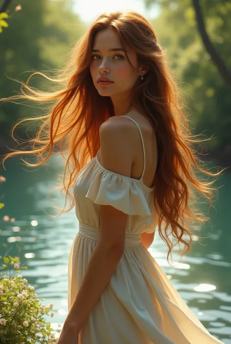 Her hair, a cascade of chestnut gold,
Dances in breezes, young and bold.
The rivers voice, a soothing song,
Echoes whispers, where her heart belongs.