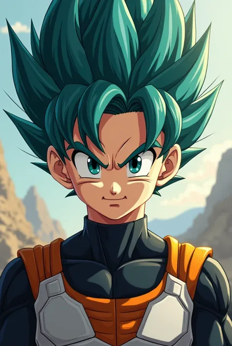 a  saiyan from Dragon Ball universe with dark teal short hair with pale and ahoge complexion, his eyes are a dark Yellow with black pupil, with thick eyelashes, he has a slim physique he wears a black woolen hair, he wear a Saiyan armor. made him more like...