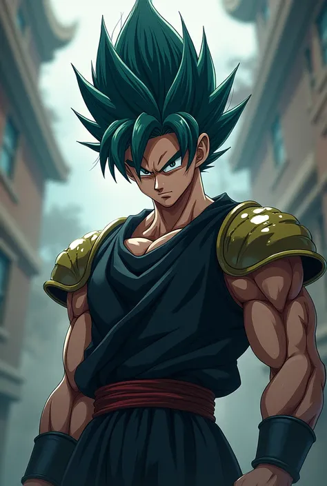 a  saiyan from Dragon Ball universe with dark teal short hair with pale and ahoge complexion, his eyes are a dark Yellow with black pupil, with thick eyelashes, he has a slim physique he wears a black woolen hair, he wear a Saiyan armor. made him more like...