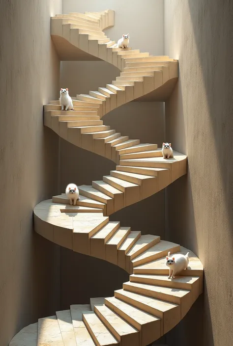 Penrose stairs made of very realistic stone, with cute cats happily walking on them, simple background