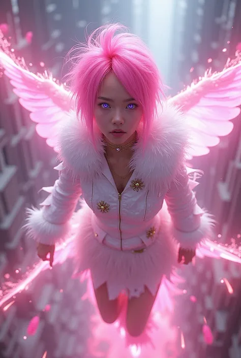  A spiky pink-haired teenager with violet eyes and a complex white K-idol outfit, Flying and with bright pink magic powers coming out of his hands . 