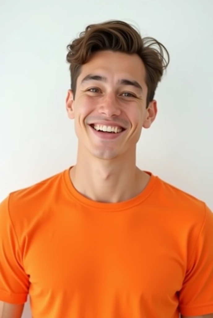 young man in an orange shirt in front of a white background
