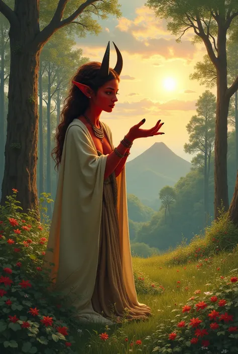 A beautiful and vast grassy forest with trees and several flowers of different colors with a hill in the background from which a very bright sun rises with a sky .  A red-skinned woman with almond eyes with large horns and black nails smiles tenderly and w...