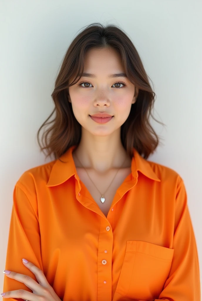 young woman in an orange shirt in front of a white background
