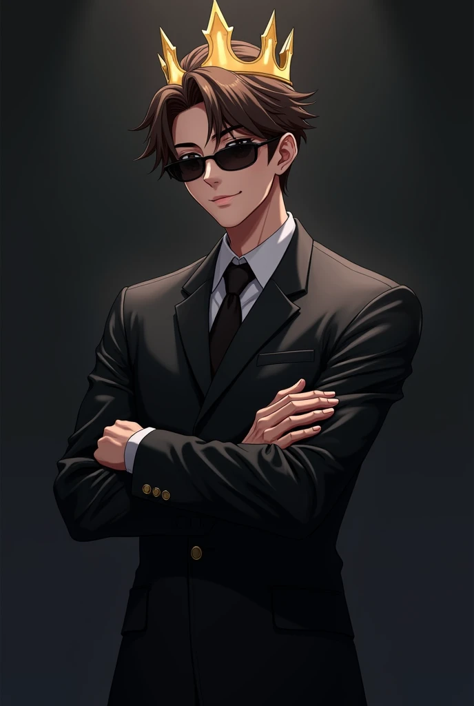 Anime boy in black suit wearing crown dark glasses arms crossed and smiling brown hair