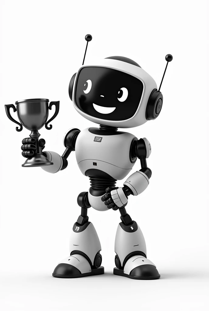 "A cheerful cartoon robot holding a trophy in a celebratory pose. The robot has a sleek, futuristic design with a smiling screen face and two antennas on its head. Its body consists of rounded and mechanical parts, featuring articulated arms and legs. The ...