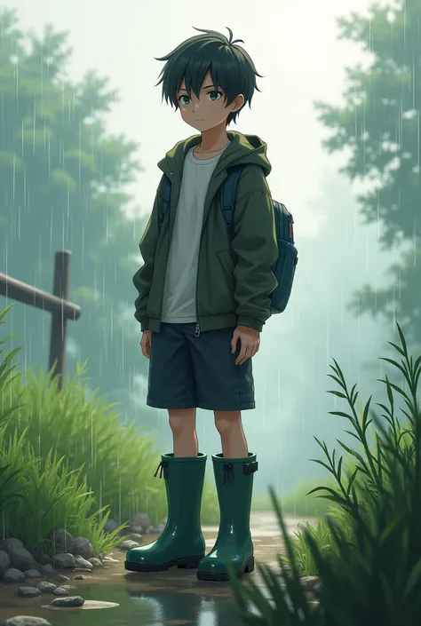 anime boy natural teen, long rain boots 