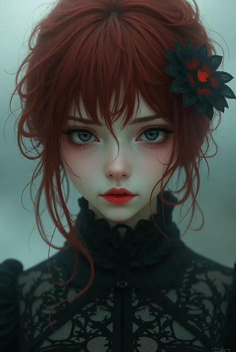 Beautiful woman with dark reddish hair and elegant ,  tired eyes of black color and red lips.  The style should be a mix of anime and surrealism  