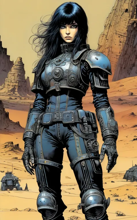 enki bilal,philippe druillet,moebius inspired french comics art "a vast desert filled with colossal, 1 girl、highest quality、masterpiece、4K、Highest image quality、whole body、slightly wavy hair、waist-length black hair、black eyes、wearing black racing suit like...