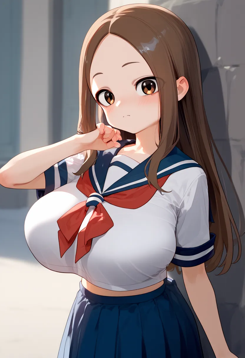 、takagi-san、score_9, score_8_up, score_7_up, 1girl, alone, takagi, brown hair, brown eyes, long hair,  white serafuku, blue stri...