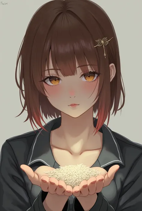 1 , Alone,  High resolution,  looking at the spectator , breasts, Blush, Rice, open mouth, fringe,  short hair, castanho jacket, hair ornament,  eyes closed, Language, throw, 