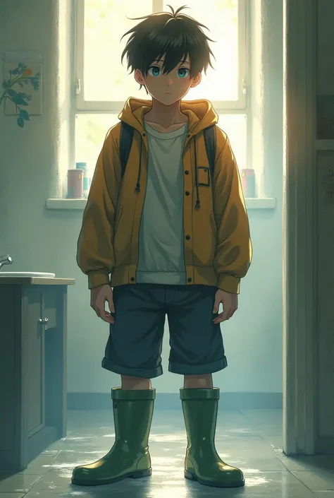 anime boy natural teen, long rain boots,  penis, semen, How 