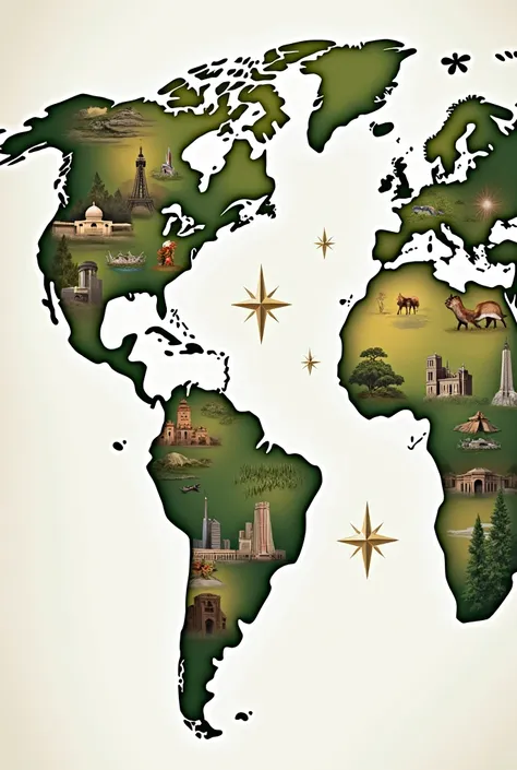  cover image for magazines about continents An illustrated map of America and Europe,  with representative cultural symbols  (example: the Eiffel Tower for Europe ,  Machu Picchu for America ).