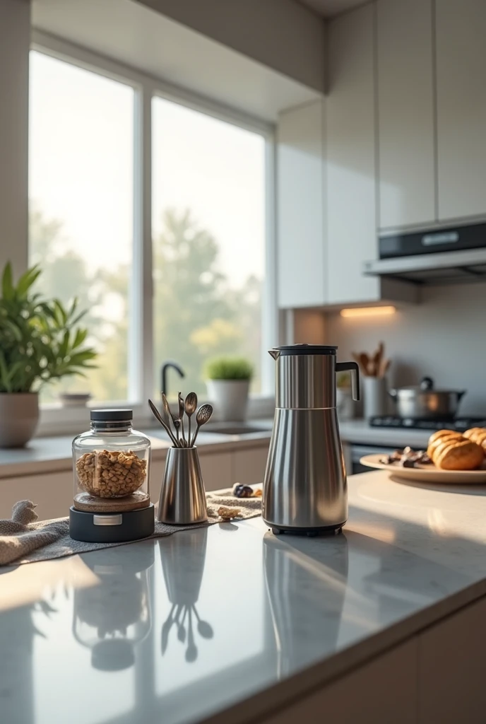 Please create a realistic image of a modern kitchen in which some kitchen items such as utensils and appliances stand out