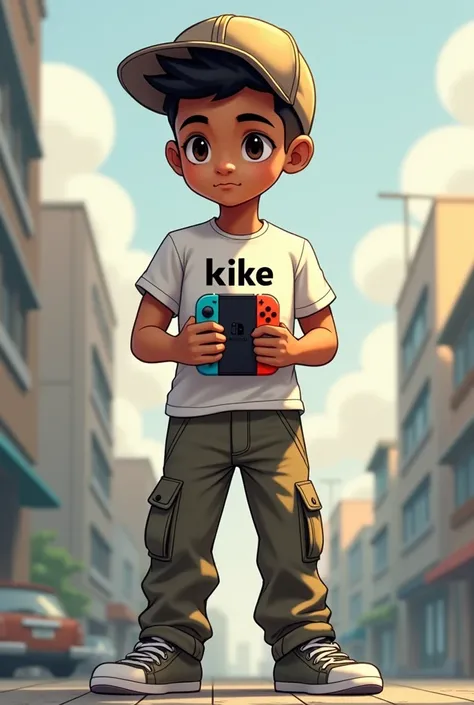 Create a tall brown-skinned teenage boy with CARGO pants and a Yanki cap and shirt that says KIKE and a Nintendo switch in his hand