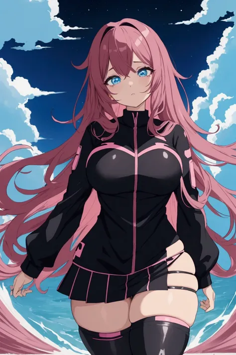   black and pink haired anime girl  ,   dark brown and light blue  , Nightcore, loosely fluid ,  thick thighs , Spectacular backdrop,  drugged  ,  she looks beautiful and happy、 eyes look empty ,  in retro wave style 