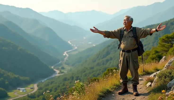 Give me an older Korean man next to the image wearing hiking clothes with his arms open in the right corner of the image in a scene that is at the top of the trail