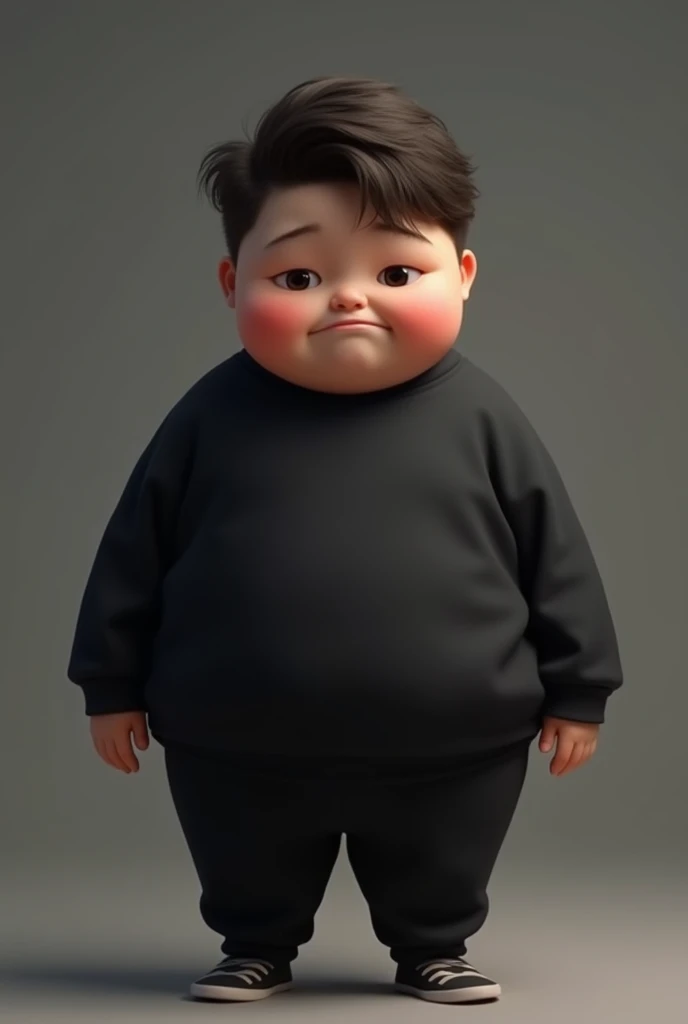 Boy  cute in black sweatshirt and black pants, smutny gruby wysoki