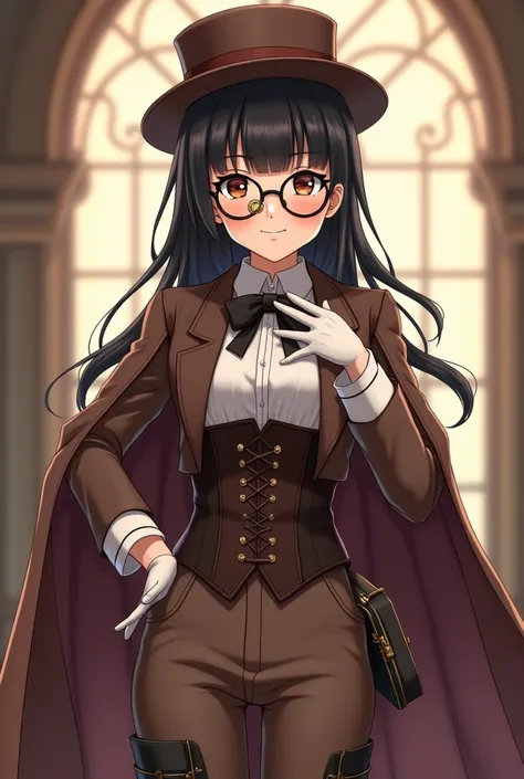 1 anime girl, height is 150 cm, eyes dark brown, dark black hair, tied low to the side, blunt bangs, round gear frame monockle glasses, steampunk, classic, analog, phantom thief, brown cape, brown top hat with brown bow, white shirt, long sleeves, brown bl...