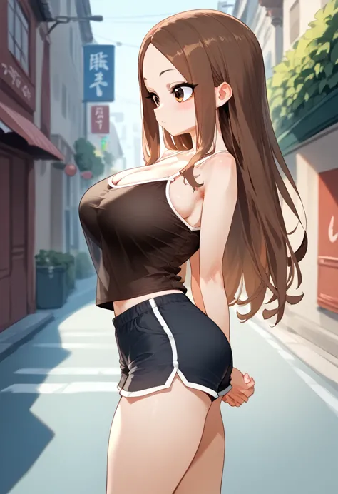 、takagi-san、score_9, score_8_up, score_7_up, 1girl, alone, takagi, brown hair, brown eyes, long hair,  camisole 、 shorts、(huge b...