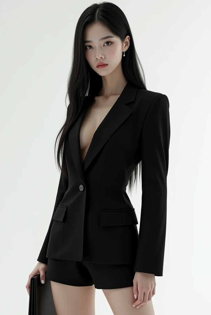 A tall Japanese woman with long black hair poses 、 wearing a black suit and shorts。