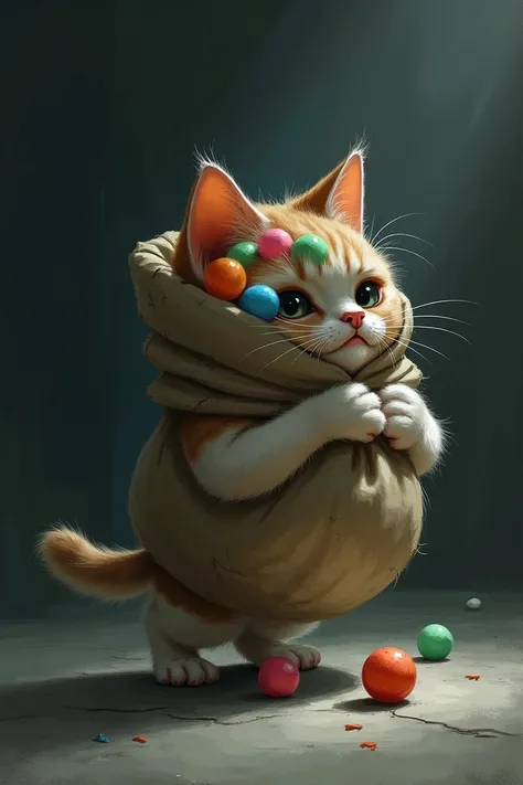 Sad baby cat carrying a sack full of balls 