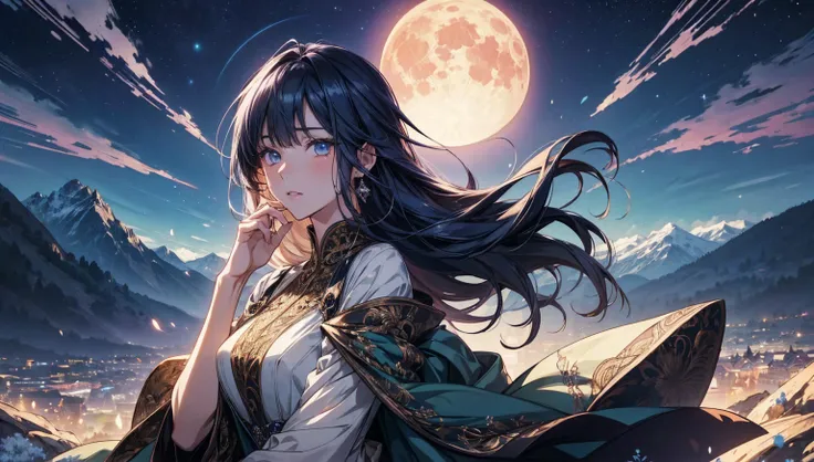 A stunning anime woman in an elegant, flowing dress gazes over a mystical valley at dusk. The background showcases otherworldly mountains, a glowing moon, and intricate foliage. Gentle, sparkling light trails frame the scene.