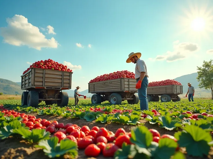 "Farmers picking ripe strawberries in a lush field under the bright sun. Two large trucks are parked nearby, each overflowing with freshly picked strawberries, ready to be transported. The farmers, dressed in straw hats, gloves, and simple work clothes, ar...