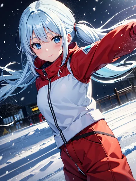  Light Blue Long Hair 、1 girl with twin tails ，(Ski, , Snow Explosion),Snow Mountain Slope 、雪煙をたてながらSkiで滑っている、 splash art 、 red down jacket with the edge of the fabric left cut，  Action Shots ,  bright color ，Sunshine, Wide angle,perfect action， (end:1.3) ...