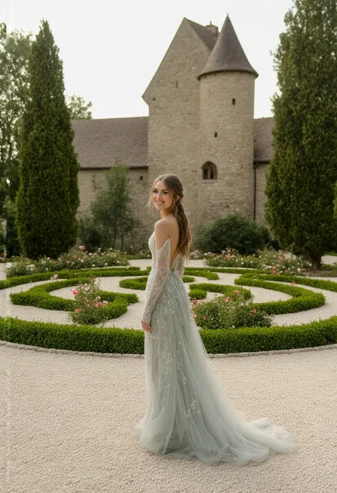  a beautiful castle ,  in medieval european style ,  and in the courtyard there is a labyrinth,  Flower garden , Spruce tree and standing beautiful smiling woman filling beautiful dress 