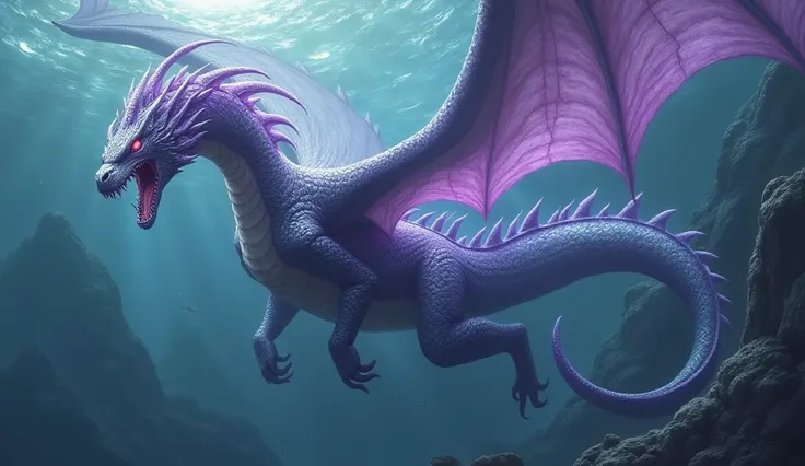 A winged sea snake with 7 heads ,   with a scaly purple and silver body ,  each head related to one of the following magical elements: Water, wind, electricity, freezing, shadow,  death and the main one related to the sun 